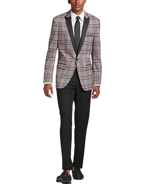 Paisley & Gray Slim Fit Dinner Jacket, Gray And Berry Plaid - Image 4