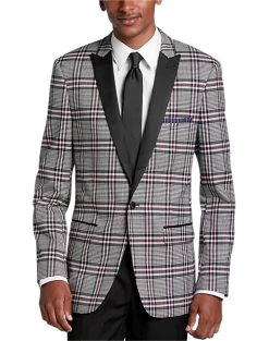 Paisley & Gray Slim Fit Dinner Jacket, Gray And Berry Plaid