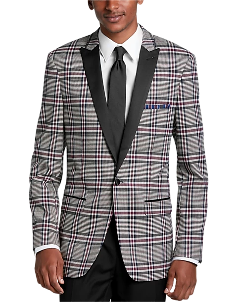 Paisley & Gray Slim Fit Dinner Jacket, Gray And Berry Plaid