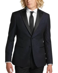 Egara Slim Fit Satin Peak Lapel Dinner Jacket, Dark Blue Patterned