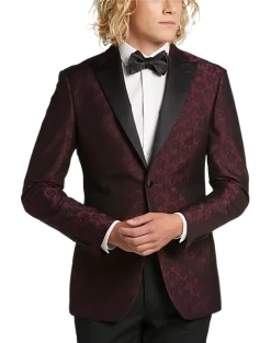 Egara Slim Fit Satin Peak Lapel Dinner Jacket, Burgundy Patterned