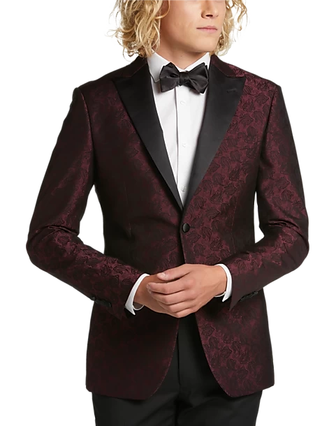 Egara Slim Fit Satin Peak Lapel Dinner Jacket, Burgundy Patterned