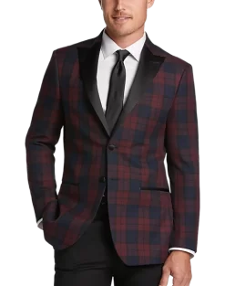 After Hours Slim Fit Satin Peak Lapel Dinner Jacket, Red Tartan Plaid