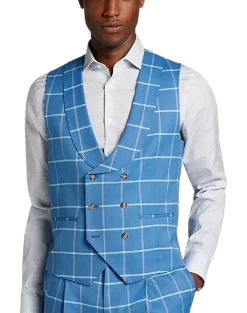 Tayion Classic Fit Suit Separates Double Breasted Vest, Blue & Cream Windowpane Plaid