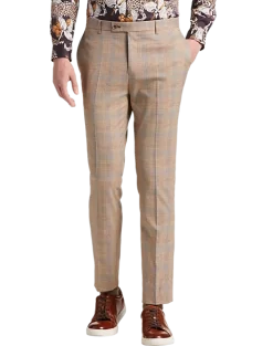 Paisley & Gray Slim Fit Suit Separates Pants, Tan And Gray Plaid