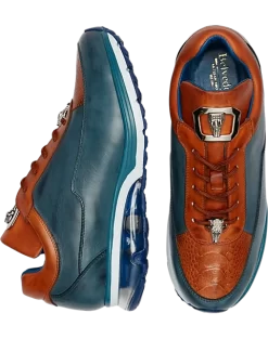 Belvedere Flash Ostrich & Calf Sneakers, Blue & Almond