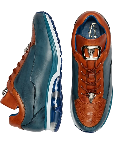 Belvedere Flash Ostrich & Calf Sneakers, Blue & Almond