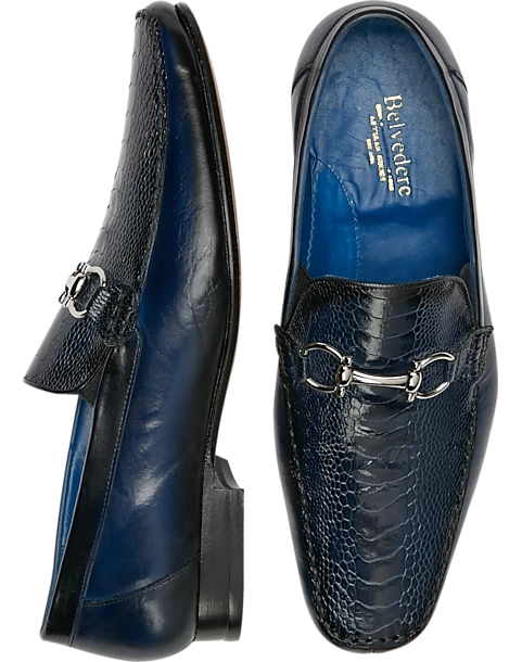 Belvedere Bruno Ostrich & Calf Moc Toe Bit Loafers, Navy