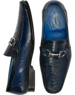 Belvedere Bruno Ostrich & Calf Moc Toe Bit Loafers, Black
