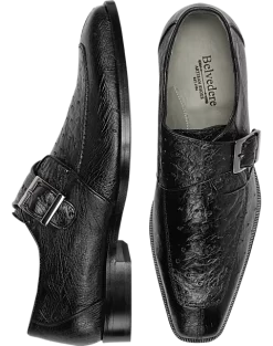 Belvedere Josh Ostrich Moc Toe Monk Strap Shoes, Black