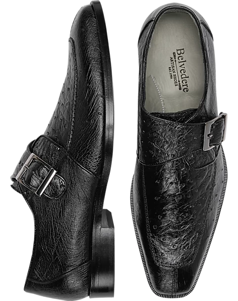 Belvedere Josh Ostrich Moc Toe Monk Strap Shoes, Black