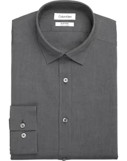 Calvin Klein Refined Cotton Stretch Supima Slim Fit Hidden Button-Down Collar Dress Shirt, Charcoal