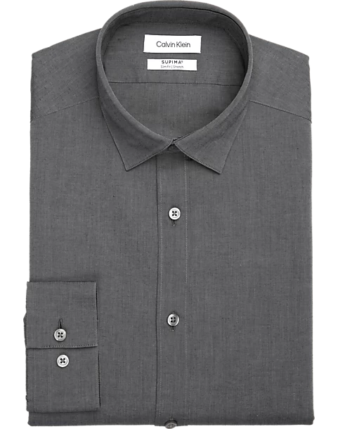 Calvin Klein Refined Cotton Stretch Supima Slim Fit Hidden Button-Down Collar Dress Shirt, Charcoal