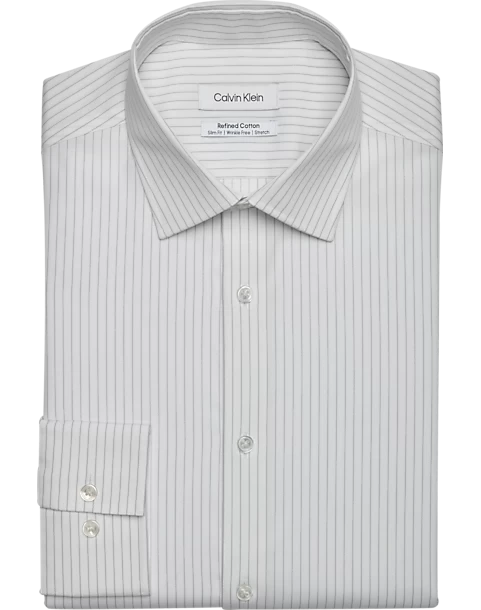 Calvin Klein Refined Cotton Stretch Supima Slim Fit Dress Shirt, Gray Stripe