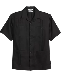 Cubavera Modern Fit Short Sleeve Linen Guayabera Shirt, Black