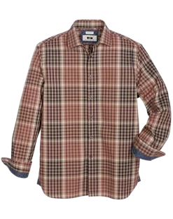Joseph Abboud Modern Fit Spread Collar Sport Shirt, Navy And Tan Plaid