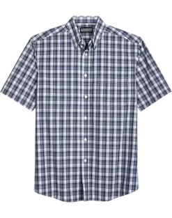 Haggar Modern Fit LIFE KHAKI™ Short Sleeve Plaid Sport Shirt, Dark Blue Plaid