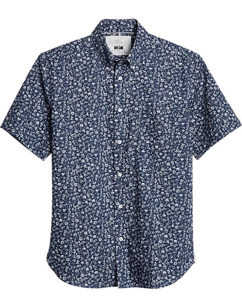 Joseph Abboud Modern Fit Short Sleeve Sport Shirt, Navy Fossil Leaf