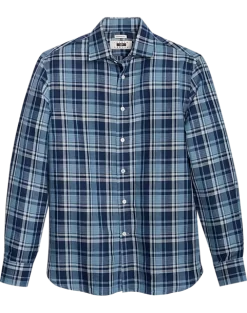 Joseph Abboud Modern Fit Slub Sport Shirt Blue Plaid