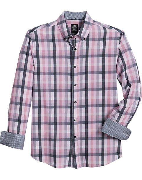 Michael Strahan Four-Way Stretch Modern Fit Button-Down Collar Sport Shirt, Pink & Gray Plaid