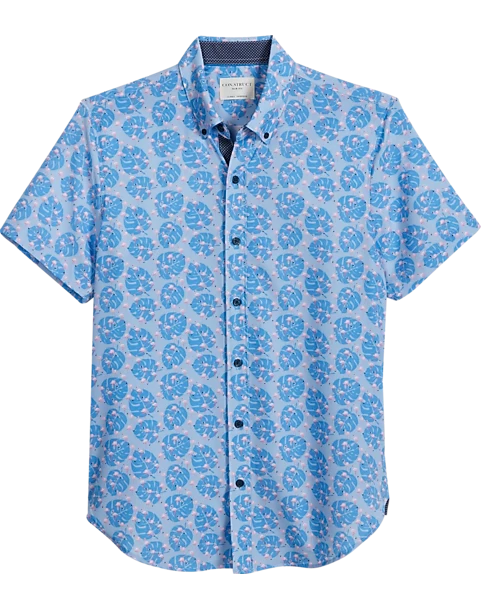 Con.Struct Slim Fit Short Sleeve Sport Shirt, Blue Palm Leaves & Pink Flamingos