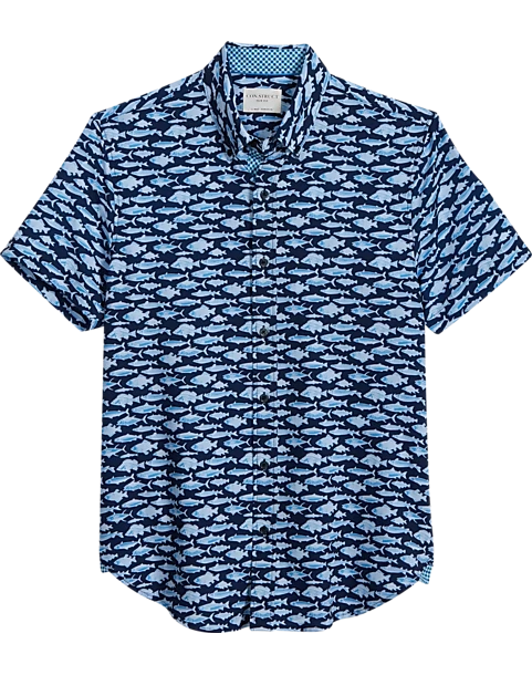 Con.Struct Slim Fit Short Sleeve Sport Shirt Navy & Blue Fish