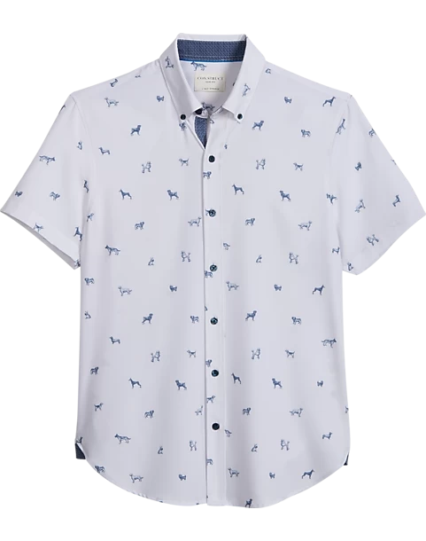 Con.Struct Slim Fit Short Sleeve Sport Shirt, White & Navy Dogs