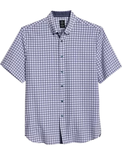 Michael Strahan Modern Fit 4-Way Stretch Short Sleeve Sport Shirt, Blue & White Check