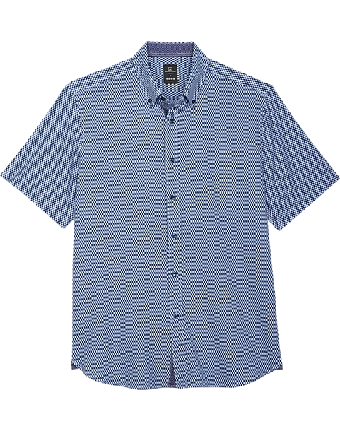 Michael Strahan Modern Fit 4-Way Stretch Short Sleeve Sport Shirt, Blue Cube Pattern