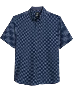 Michael Strahan Modern Fit 4-Way Stretch Short Sleeve Sport Shirt, Navy Square Check