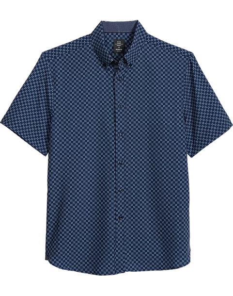 Michael Strahan Modern Fit 4-Way Stretch Short Sleeve Sport Shirt, Navy Square Check