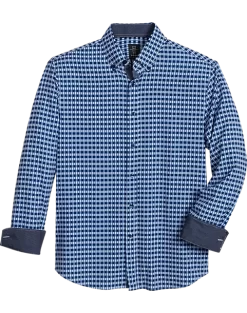 Michael Strahan Modern Fit Button-Down Collar Four-Way Stretch Sport Shirt, Medium Blue Geo Check