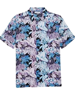 Cubavera Modern Fit Short Sleeve Sport Shirt, Blue & Pink Tropical Floral