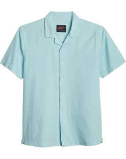 Egara Slim Fit Seersucker Short Sleeve Sport Shirt, Aqua Tonal Stripe