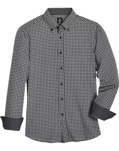 Michael Strahan Modern Fit Four-Way Stretch Sport Shirt, Black Grid