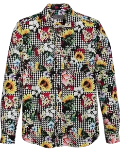 Paisley & Gray Slim Fit Spread Collar Sport Shirt, Black Houndstooth Floral