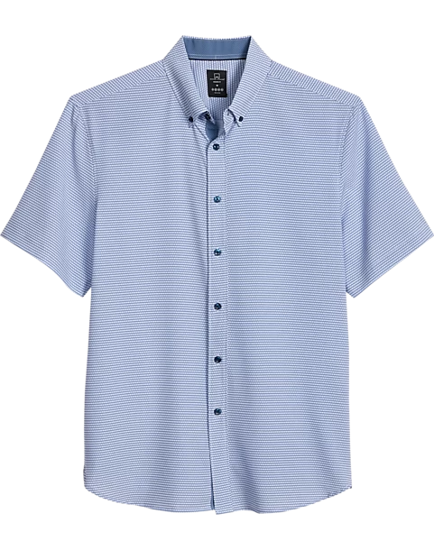 Michael Strahan Modern Fit Four-Way Stretch Short Sleeve Sport Shirt, Blue Geometric