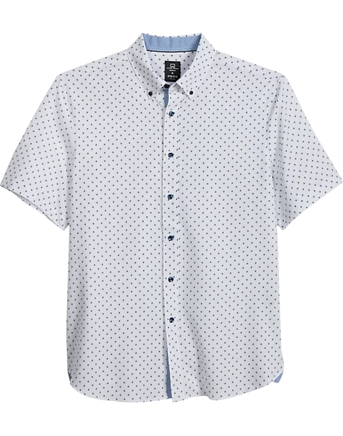 Michael Strahan Modern Fit 4-Way Stretch Short Sleeve Sport Shirt, White & Blue Dot
