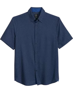 Michael Strahan Modern Fit 4-Way Stretch Short Sleeve Sport Shirt, Blue Geo Grid