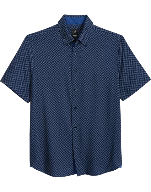 Michael Strahan Modern Fit 4-Way Stretch Short Sleeve Sport Shirt, Blue Geo Grid