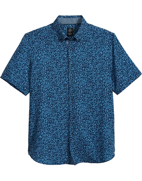 Michael Strahan Modern Fit 4-Way Stretch Short Sleeve Sport Shirt, Navy & Blue Floral