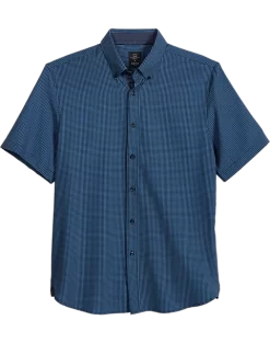 Michael Strahan Modern Fit Short Sleeve Sport Shirt, Navy Check 3-D Check