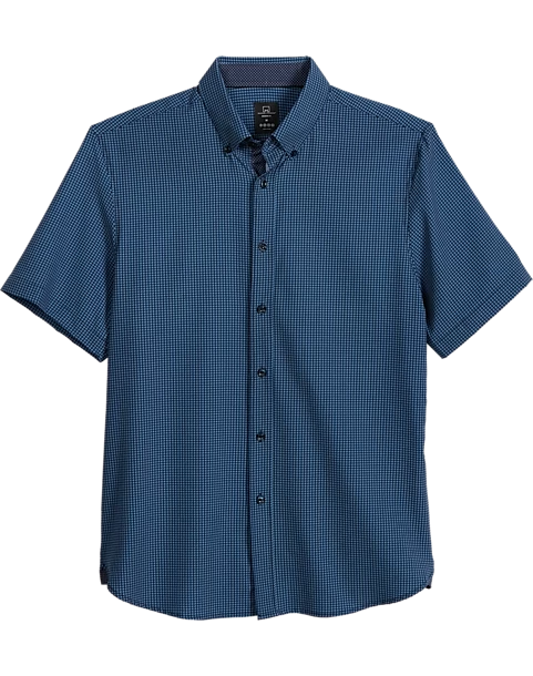 Michael Strahan Modern Fit Short Sleeve Sport Shirt, Navy Check 3-D Check