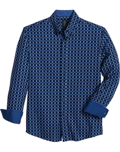 Michael Strahan Modern Fit Button-Down Collar 4-Way Stretch Sport Shirt, Navy Windowpane