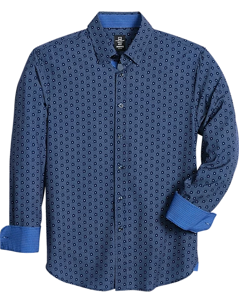Michael Strahan Modern Fit Spread Collar 4-Way Stretch Sport Shirt, Navy Hexagon