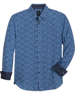 Michael Strahan Modern Fit Spread Collar 4-Way Stretch Sport Shirt, Blue Abstract Floral