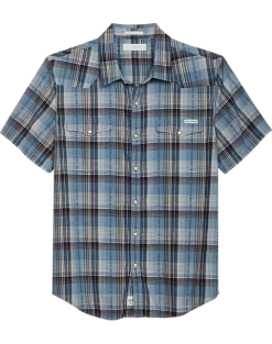 Lucky Brand Classic Fit Short Sleeve Western Sport Shirt, Blue Plaid