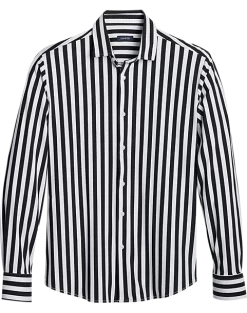 Zanetti Modern Fit Spread Collar Sport Shirt, Black And White Stripe