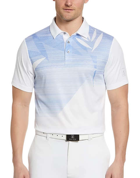 PGA Tour Classic Fit Printed Polo, White Asymmetric Tropical