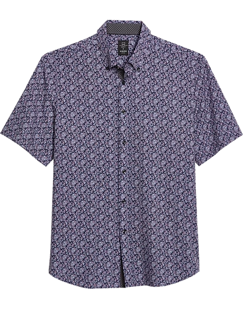 Michael Strahan Modern Fit 4-Way Stretch Short Sleeve Sport Shirt, Navy & Wine Floral
